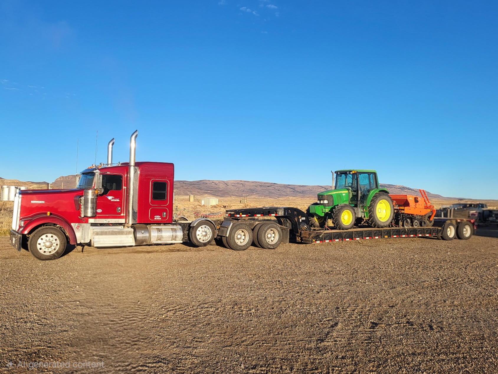 Kenworth hauling a John Deere tractor and no-till drill seeder on a lowboy
